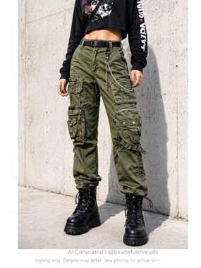 Y2K Japanese Cargo Pants Green Utility Techwear Festival Sz 28